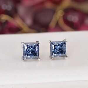 Certified Moissanite 4.0 ctw Princess Cut Royal Blue Stud Earrings 925 Sterling